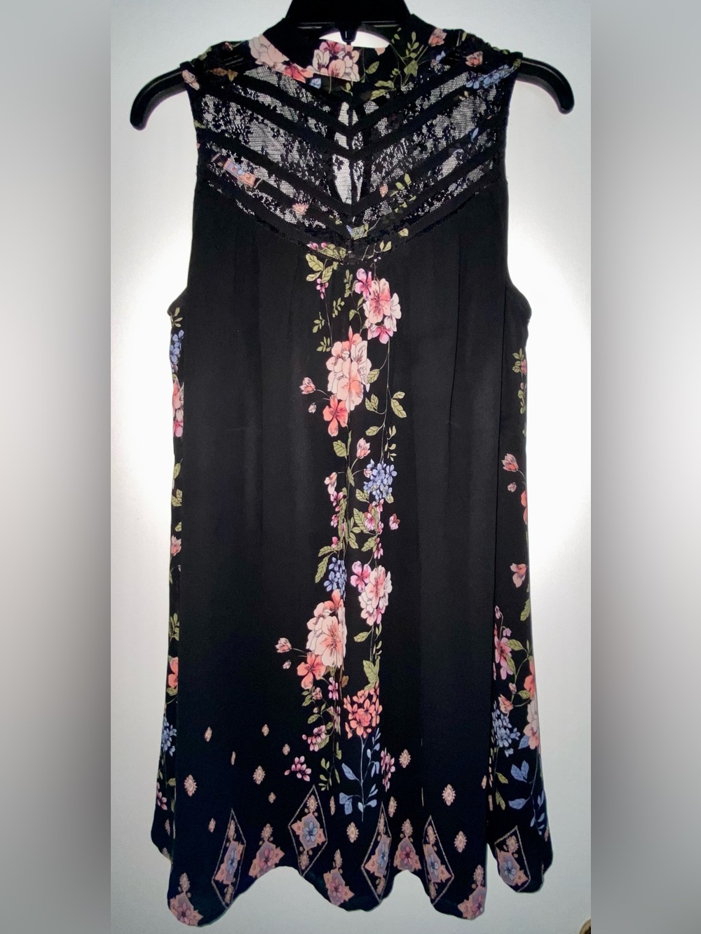 Three Hearts Black Floral Midi Dress with Lace Yoke Detail